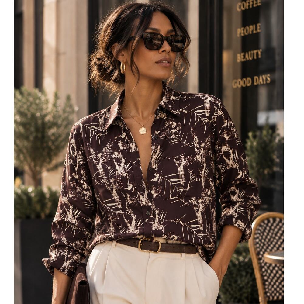 Rachel Roy Truffle Multi Silk Printed Long Sleeve Button Blouse Top Size Large